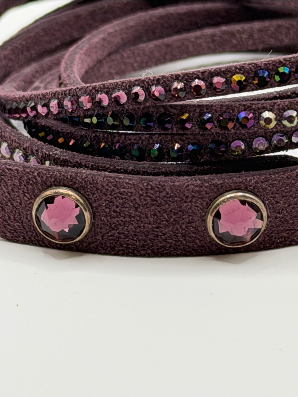Plum Vegan Suede Wrap Star Bracelet with Pink Crystal Accents - Picture 2 of 3